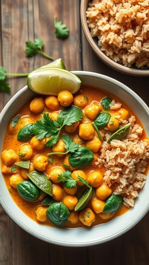 A bowl of creamy chickpea curry with spinach and a side of rice, garnished with lime and cilantro.
