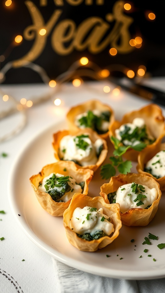 Plate of Spinach and Ricotta Phyllo Cups with a festive background