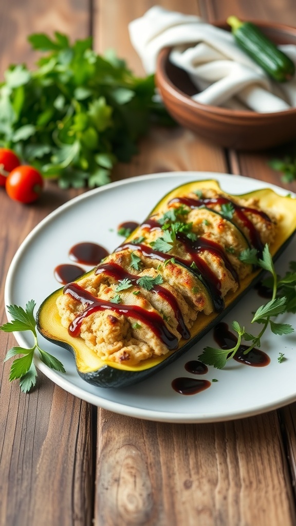 Baked zucchini stuffed with turkey and pesto, garnished with herbs