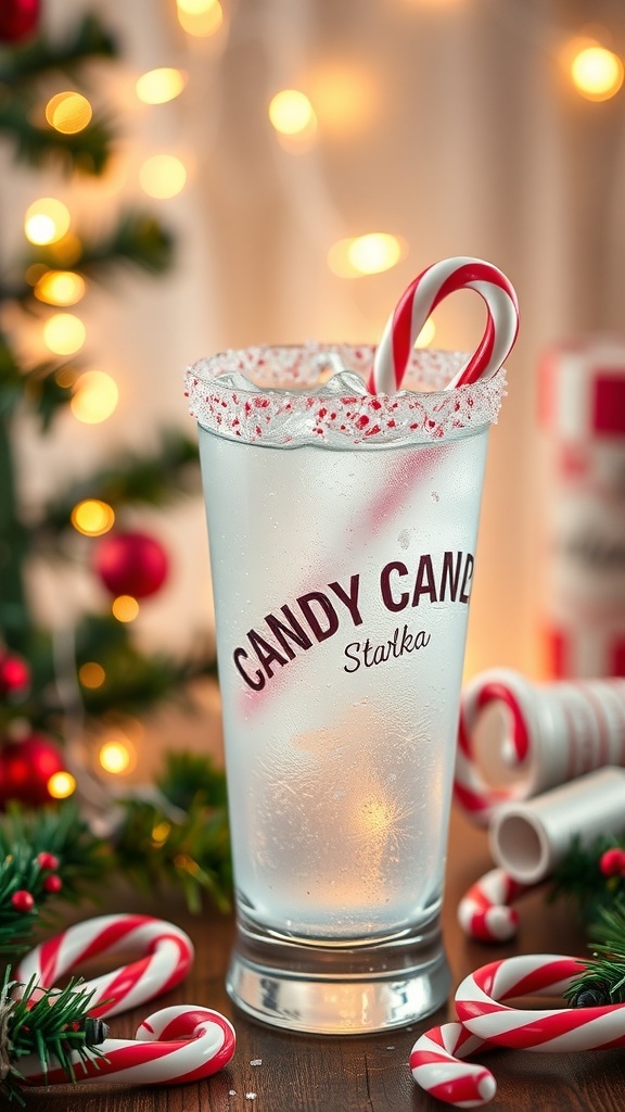 A festive Candy Cane Vodka Sparkle drink garnished with a candy cane and surrounded by holiday decorations.