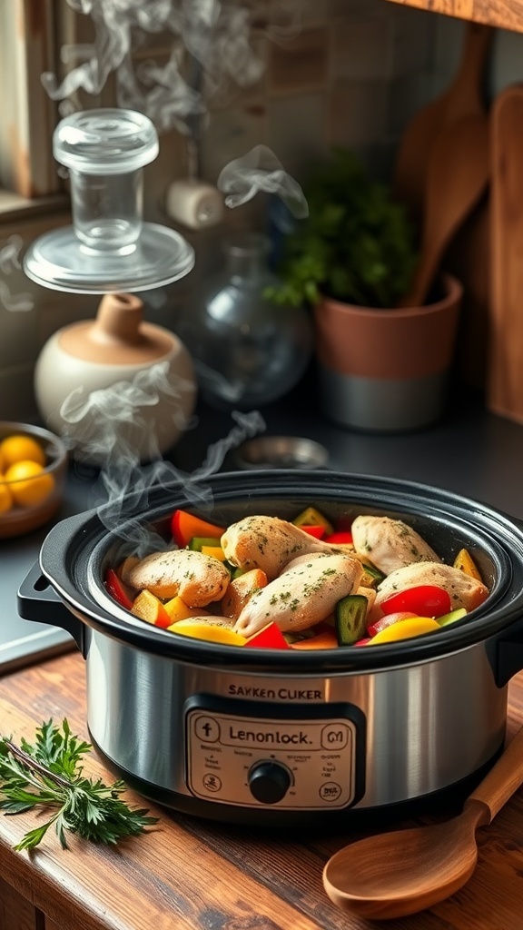 A slow cooker filled with lemon herb chicken and colorful vegetables, with steam rising in a cozy kitchen.