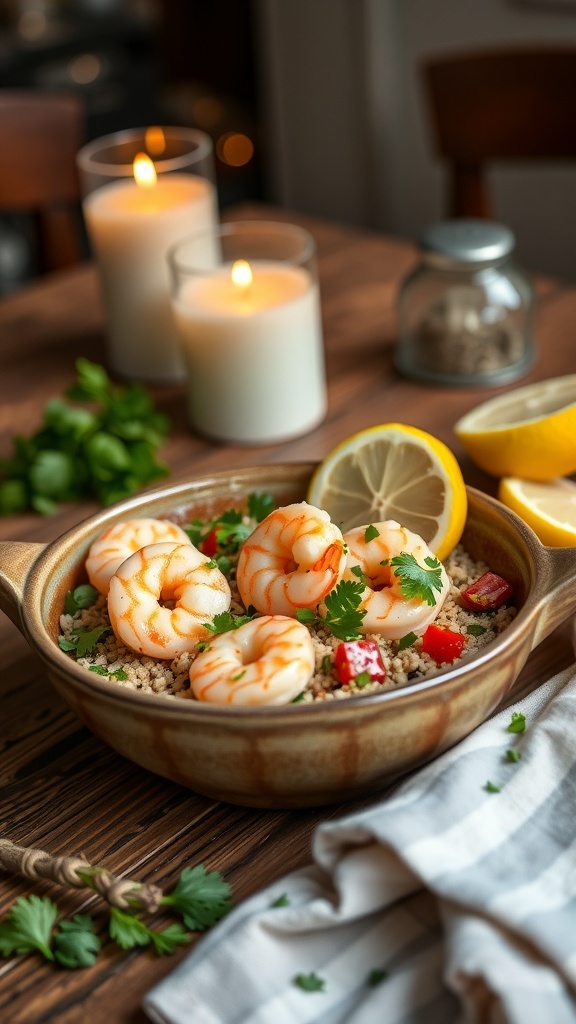 A bowl of Lemon Garlic Shrimp Quinoa with lemon slices and herbs