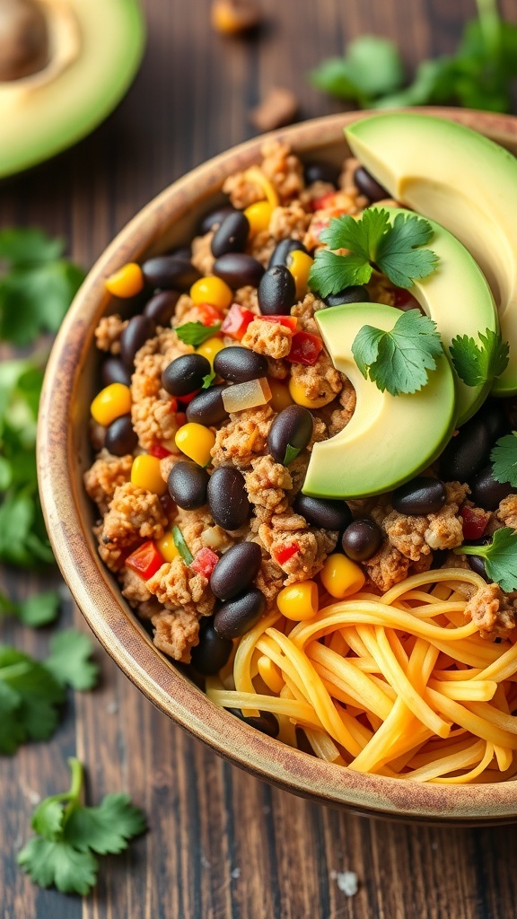 A bowl of Turkey Black Bean Enchilada with ground turkey, black beans, corn, avocado slices, and cilantro.