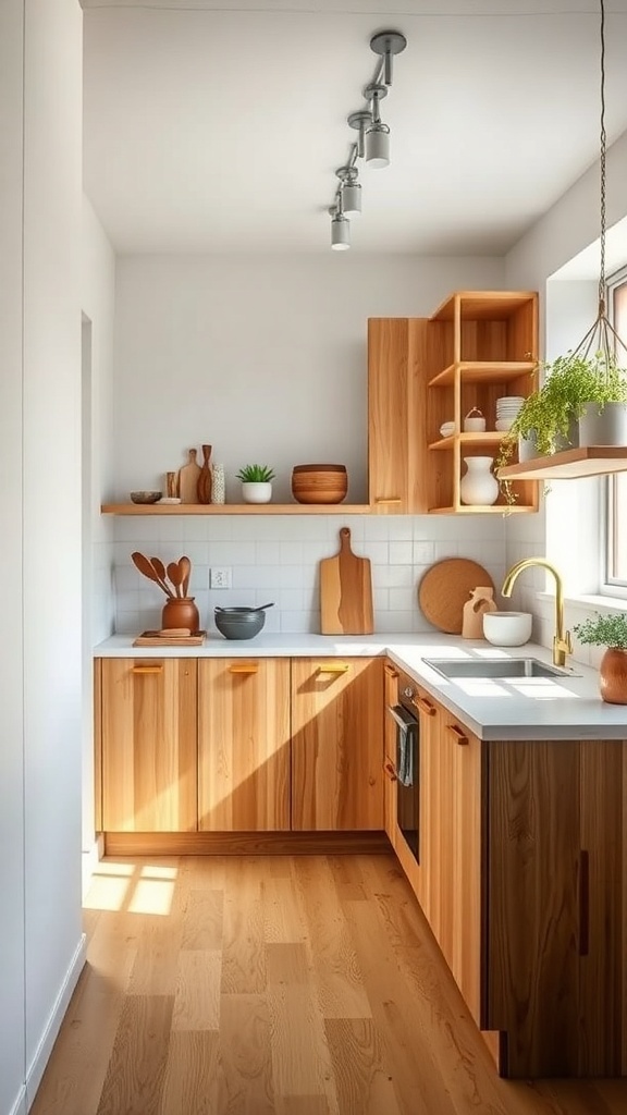 Small Kitchen Remodel A small kitchen featuring wooden cabinets, a white countertop, and potted plants, showcasing sustainable design.