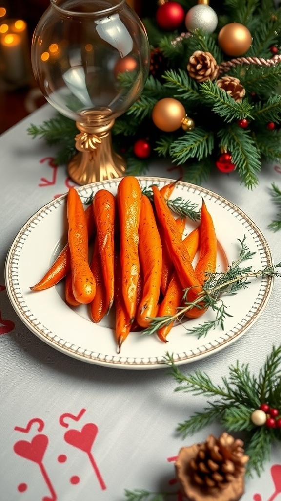 A plate of honey roasted carrots with thyme, surrounded by festive decorations.