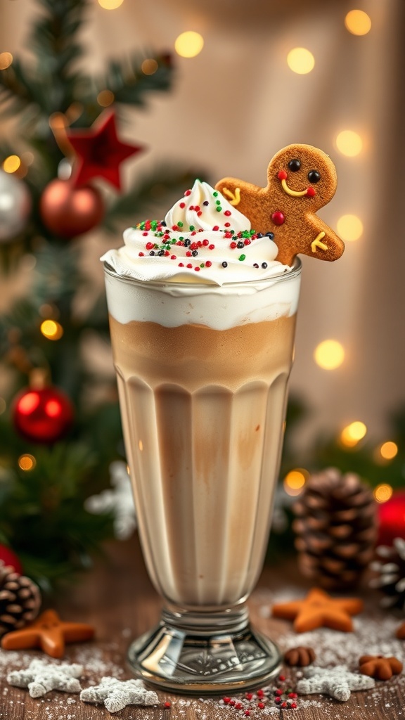 A festive gingerbread cookie milkshake topped with whipped cream and a gingerbread cookie, surrounded by holiday decorations.