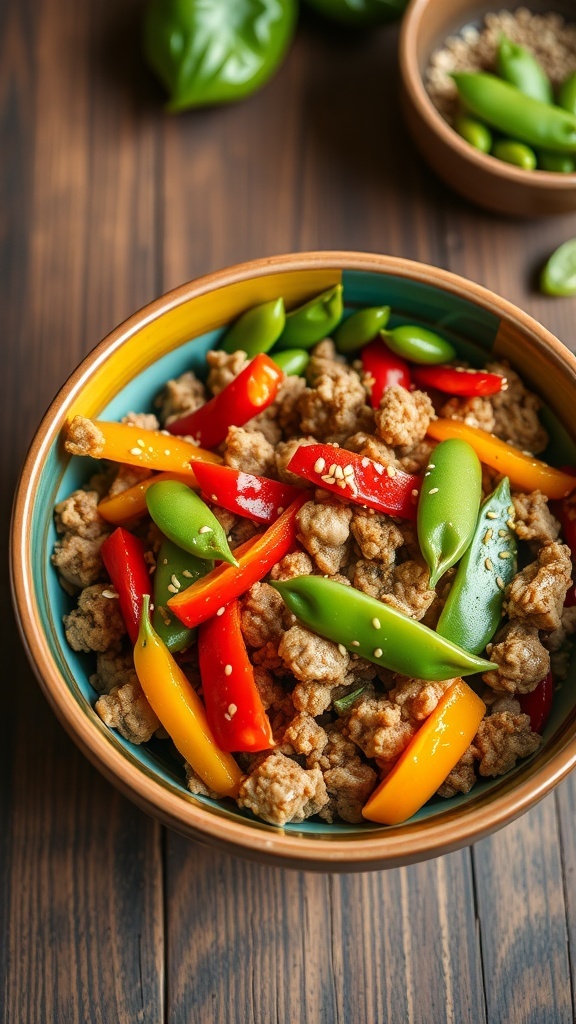 A bowl of ground turkey sweet chili stir fry with colorful bell peppers and snap peas