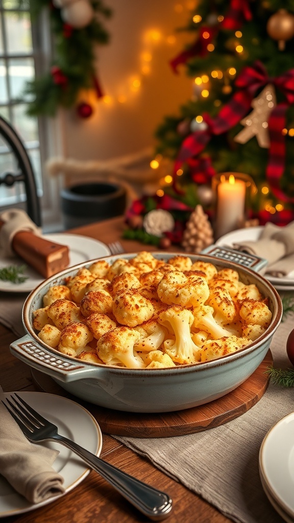 A delicious cheesy cauliflower gratin in a festive setting, ready for Christmas dinner.