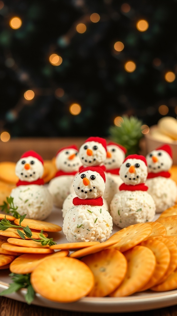 A plate of Snowman Cheese Ball Bites surrounded by crackers, perfect for New Year's Eve appetizers.