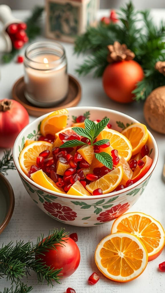 A colorful Citrus and Pomegranate Salad in a decorative bowl, surrounded by festive decorations.