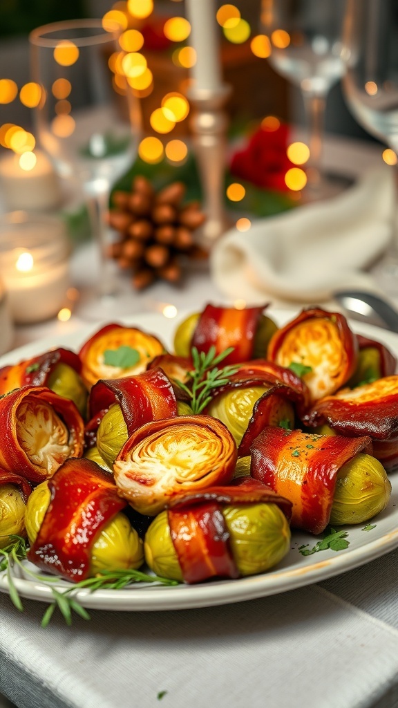 Plate of Maple Glazed Bacon Wrapped Brussels Sprouts