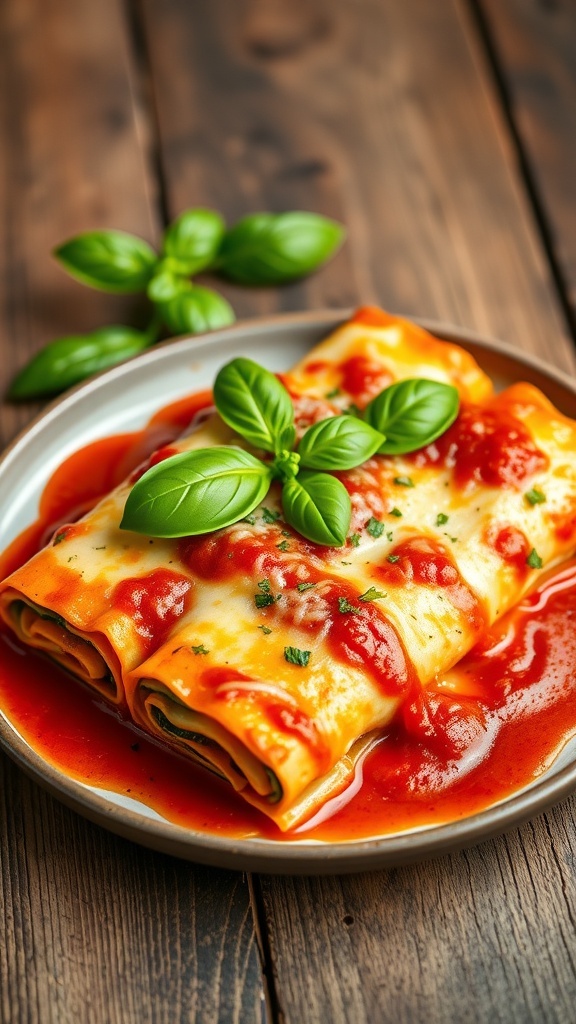 Plate of Healthy Beef & Spinach Lasagna Roll Ups topped with marinara sauce and fresh basil