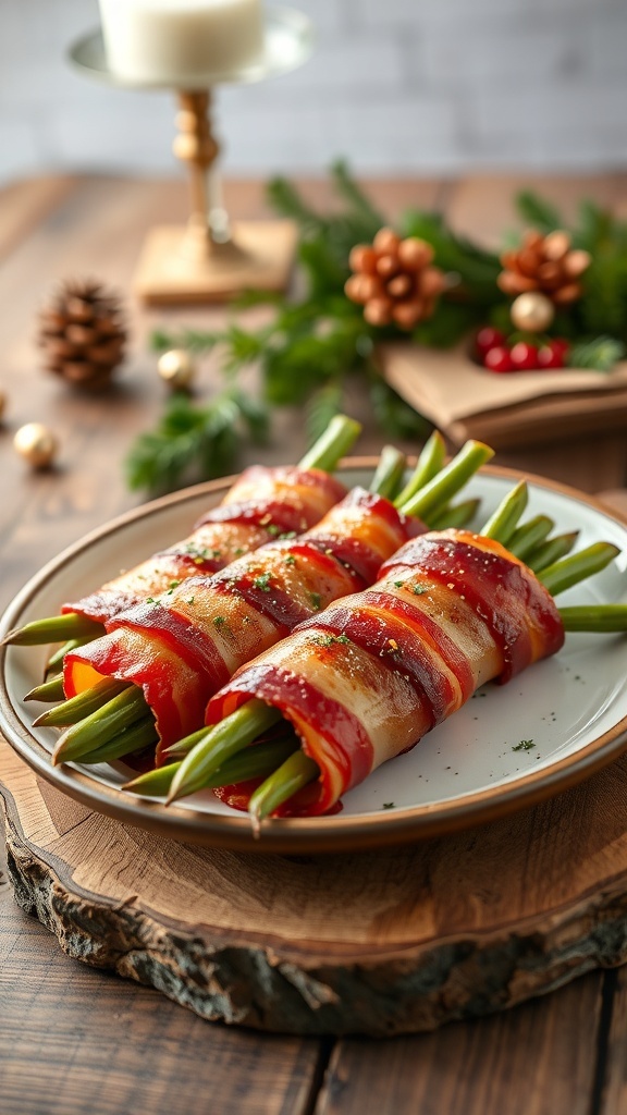 Green Bean Bacon Bundles on a plate, garnished and ready to serve.