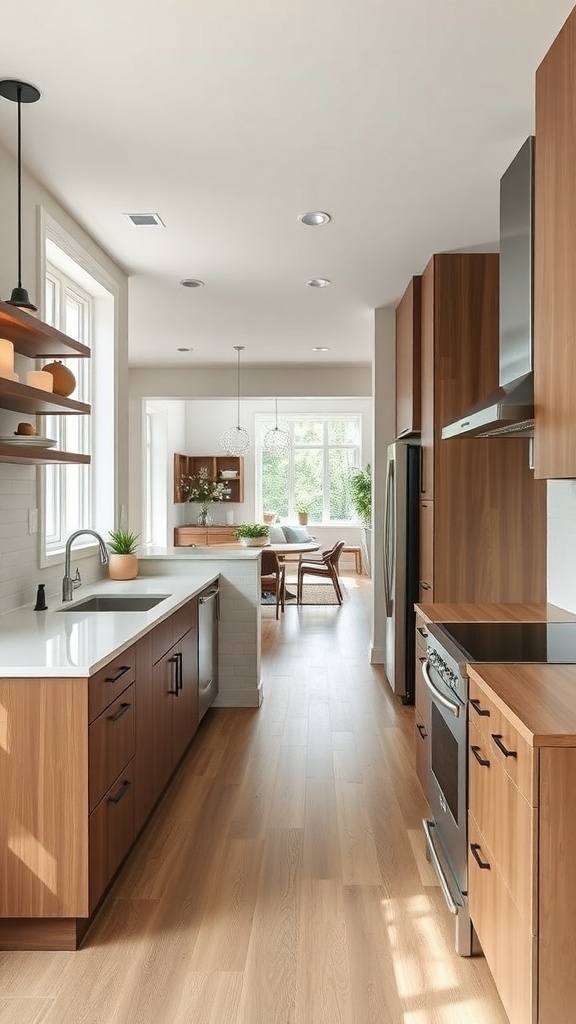 A modern galley kitchen with wooden cabinets and an open layout leading to a dining area.