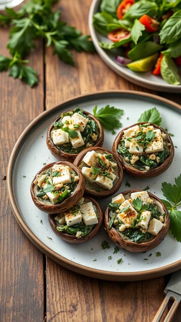 Spinach and feta stuffed portobello mushrooms on a plate, garnished with herbs.