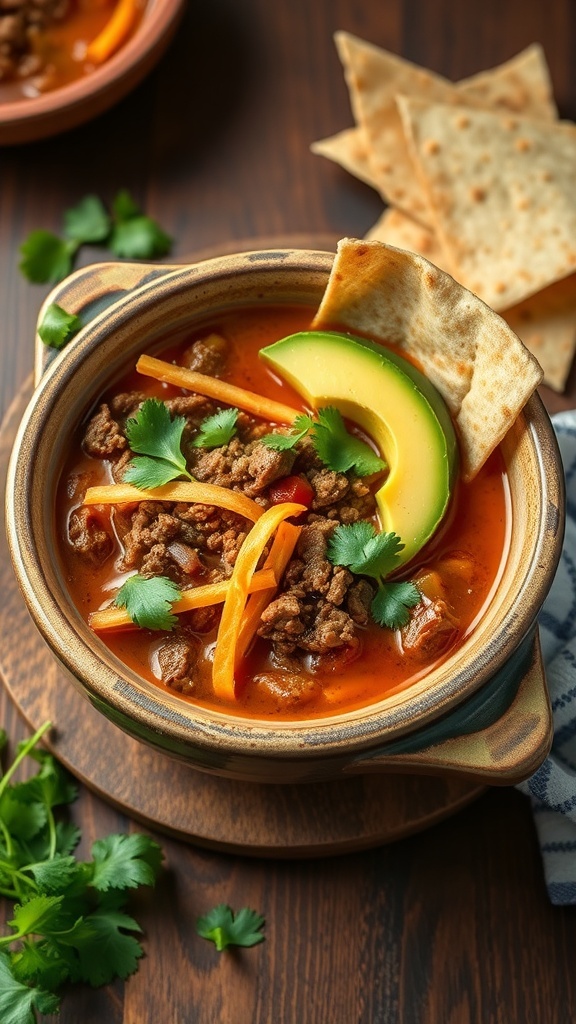A bowl of Healthy Ground Beef Tortilla Soup with avocado, cilantro, and tortilla strips.