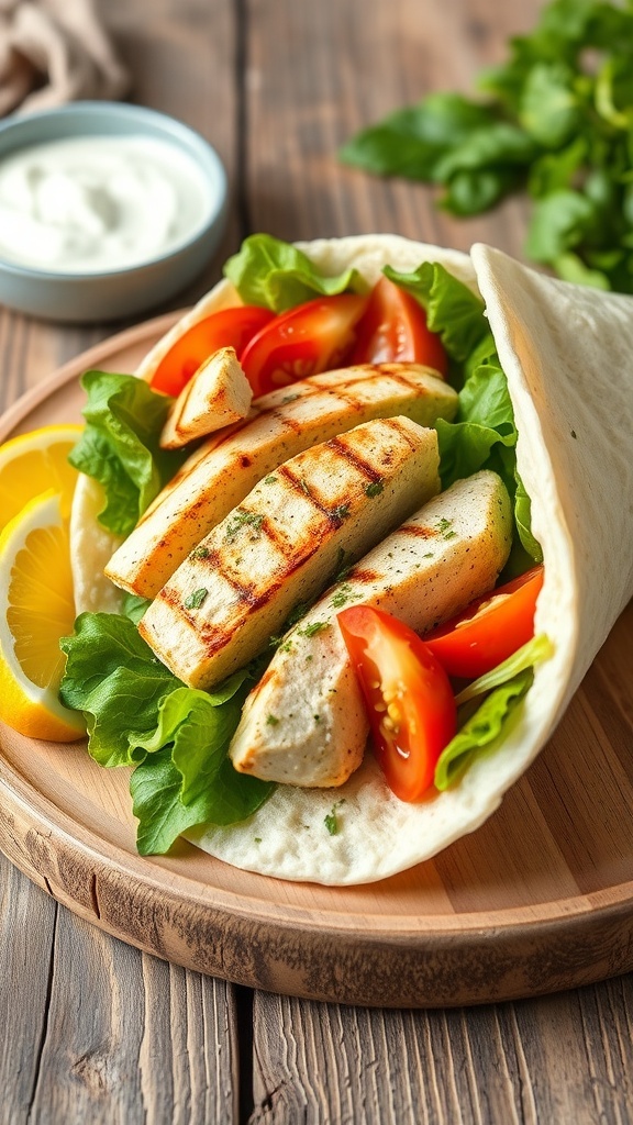 A delicious Greek yogurt lemon chicken wrap filled with grilled chicken, lettuce, and tomatoes, served with a side of yogurt and lemon.