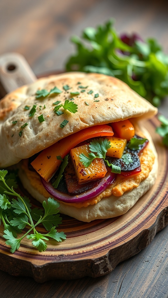 A delicious roasted vegetable and hummus pita melt on a wooden plate, garnished with fresh herbs.