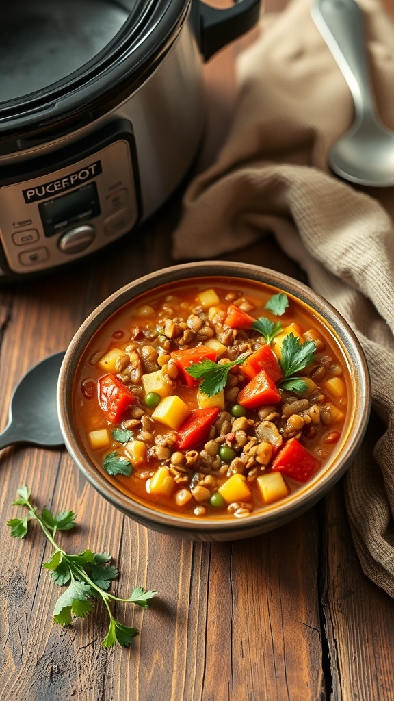 A bowl of veggie-packed lentil soup with colorful vegetables and herbs, next to a slow cooker.