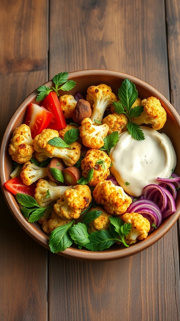 A bowl of spiced cauliflower shawarma with fresh vegetables and sauce