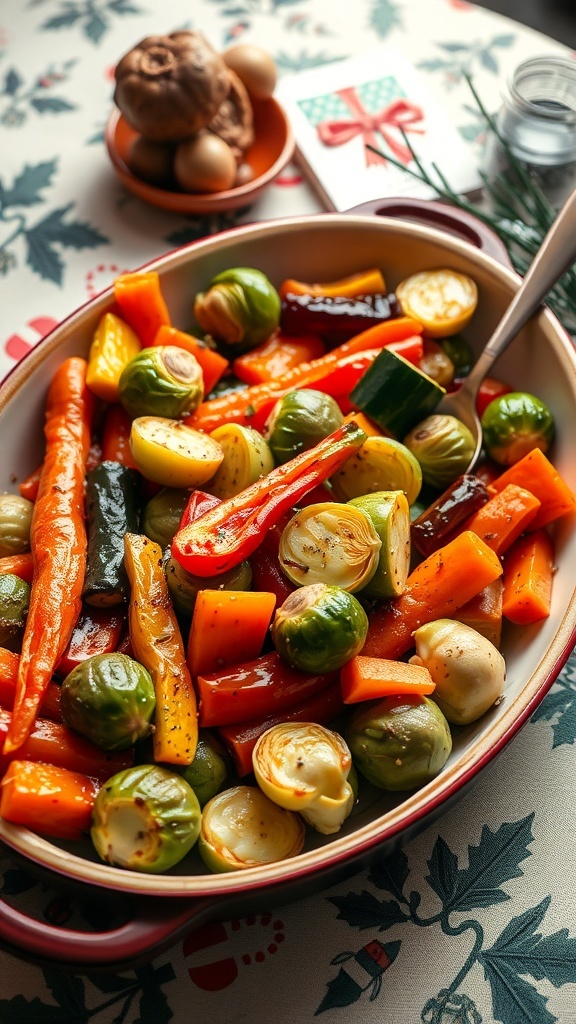 A colorful medley of oven roasted vegetables including carrots, Brussels sprouts, bell peppers, and zucchini in a serving dish.