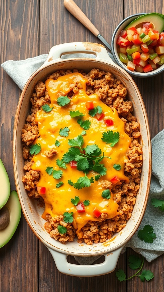 Ground Turkey and Brown Rice Taco Bake topped with cheese and cilantro