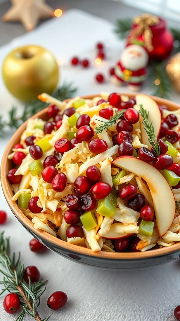 A bowl of crispy apple and cranberry coleslaw with fresh ingredients.