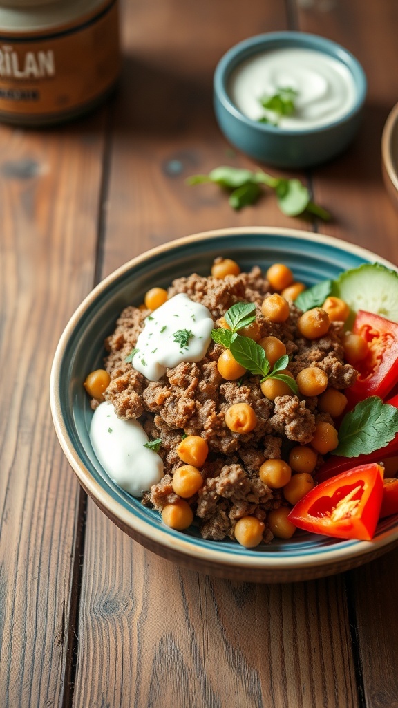 A bowl of Turkish-style ground turkey and chickpeas with fresh vegetables and yogurt.