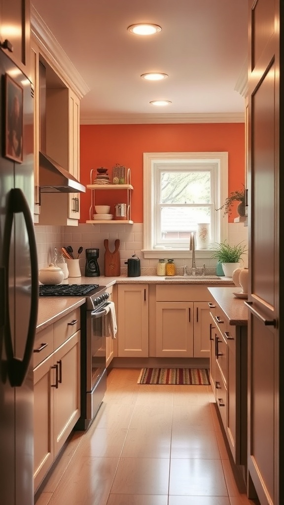 A cozy galley kitchen with light cabinetry and an orange accent wall.