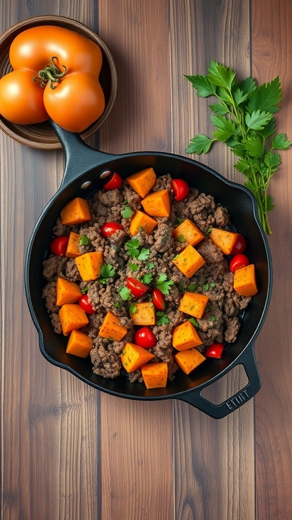 A skillet filled with ground beef, sweet potatoes, cherry tomatoes, and cilantro on a wooden table.