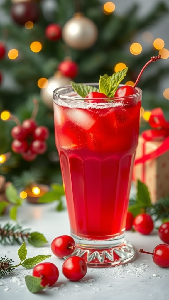 A festive glass of Santa's Cherry Punch Mocktail with cherries and mint leaves.