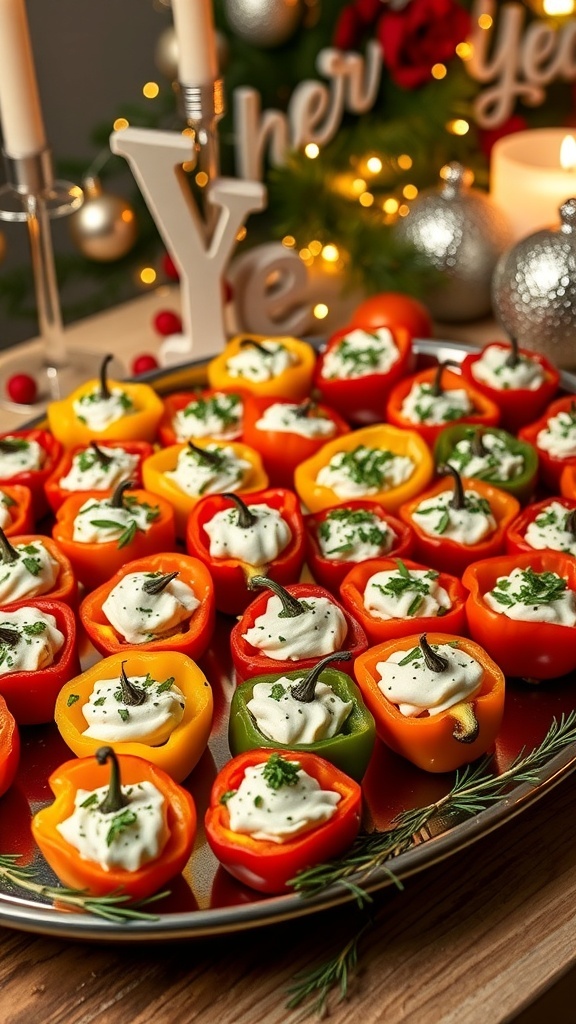 A platter of stuffed mini peppers with herbed cream cheese, decorated for New Year's Eve.