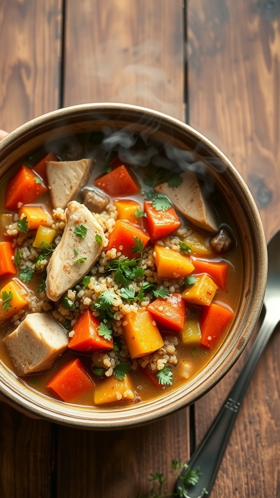 A bowl of Healthy Crockpot Chicken & Quinoa Stew with colorful vegetables and chicken pieces.