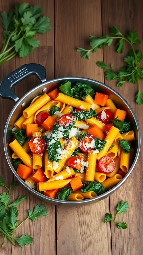 A skillet filled with butternut squash, kale, pasta, and cherry tomatoes, garnished with cheese on a wooden table.