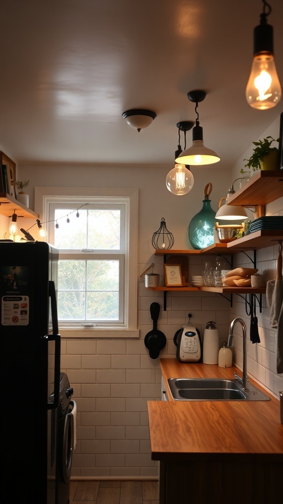 Small Kitchen Remodel A small kitchen with creative lighting, featuring pendant lights and a window.