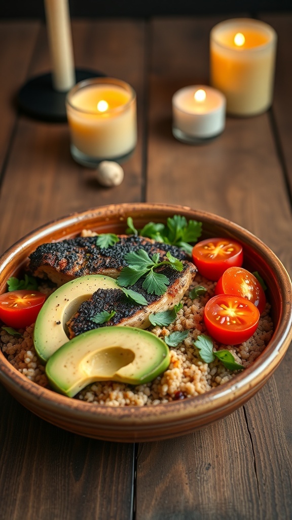 A bowl of blackened chicken with avocado, couscous, and cherry tomatoes on a wooden table.