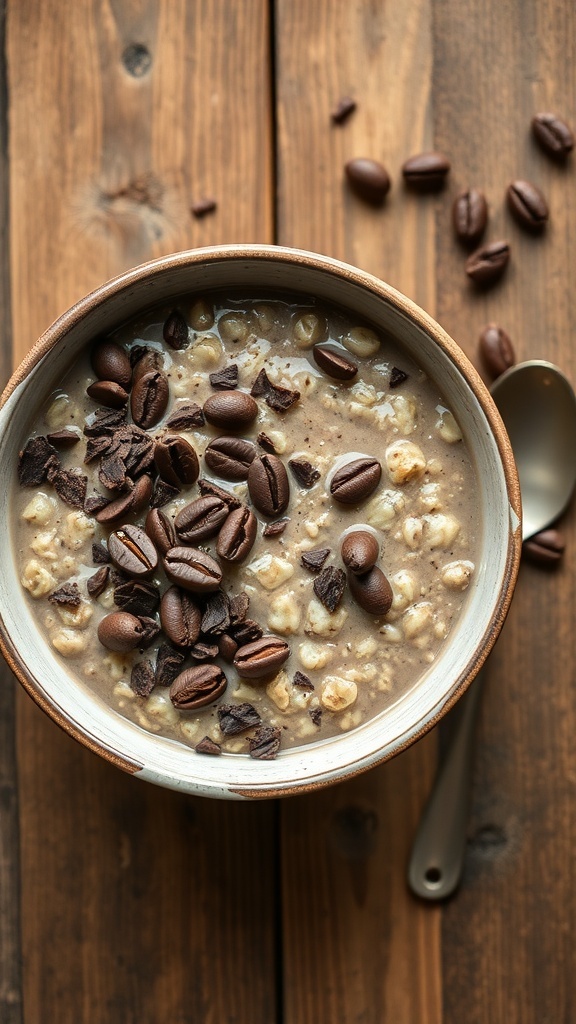 A bowl of mocha protein overnight oats topped with coffee beans and chocolate pieces on a wooden table.