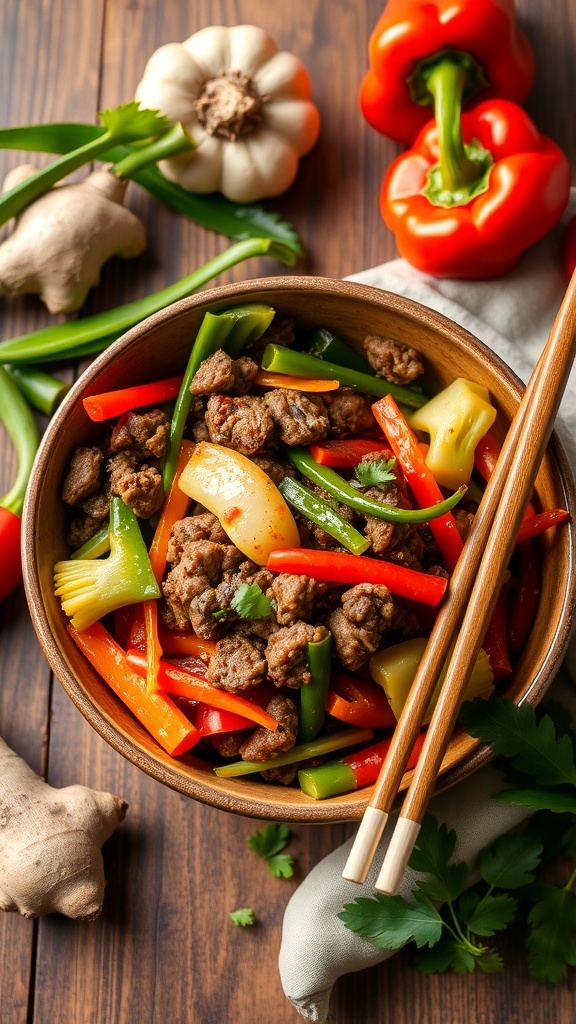 A bowl of ground beef and vegetable stir fry with ginger soy sauce, surrounded by fresh ingredients like garlic, ginger, and bell peppers.