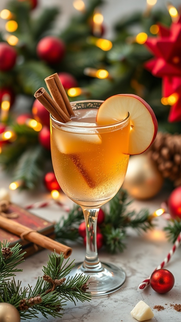 A festive glass of Jingle Bell Apple Cider Fizz with cinnamon sticks and an apple slice.