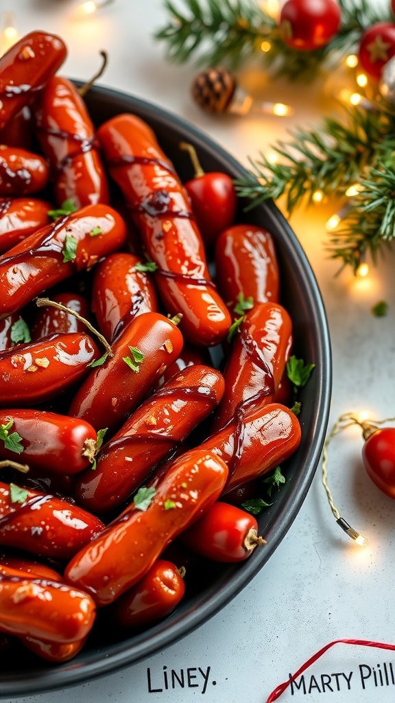 A platter of Sweet Chili Cranberry Little Smokies garnished with herbs, surrounded by festive decorations.