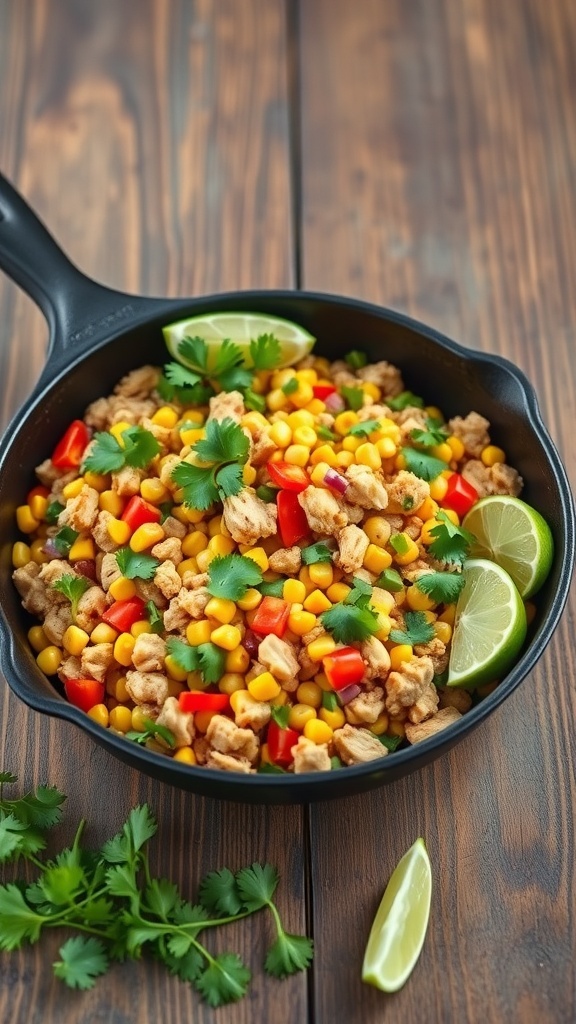 A skillet filled with chicken, corn, bell peppers, and garnished with lime and cilantro.