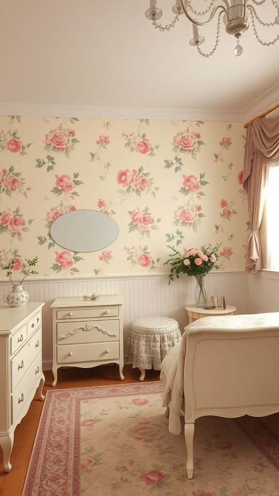 Room Ideas Aesthetic Vintage A vintage bedroom with soft pastel colors, featuring floral wallpaper and elegant furniture.