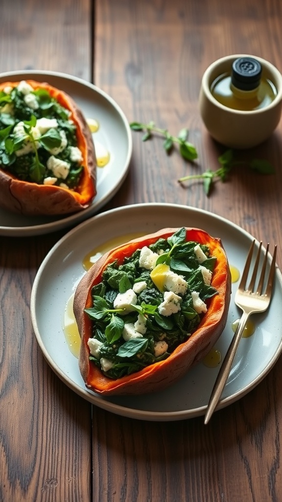 Spinach and feta stuffed sweet potatoes on a plate with olive oil