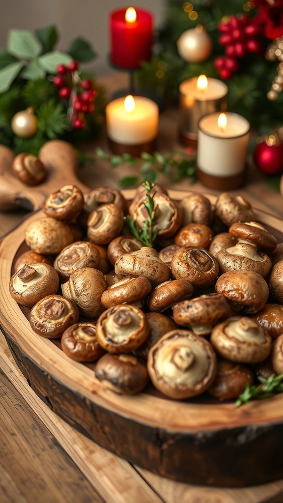 A wooden platter filled with roasted mushrooms, surrounded by candles and holiday decorations.