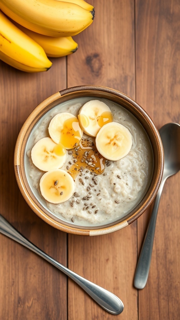 A bowl of banana peanut butter high protein overnight oats topped with banana slices and honey, with a bunch of bananas in the background.