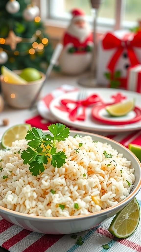 A bowl of cilantro lime rice garnished with cilantro, surrounded by festive holiday decorations.