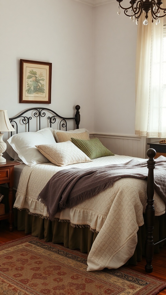 Room Ideas Aesthetic Vintage A cozy vintage bedroom with layered textiles, including a quilted bedspread, decorative pillows, and a patterned rug.