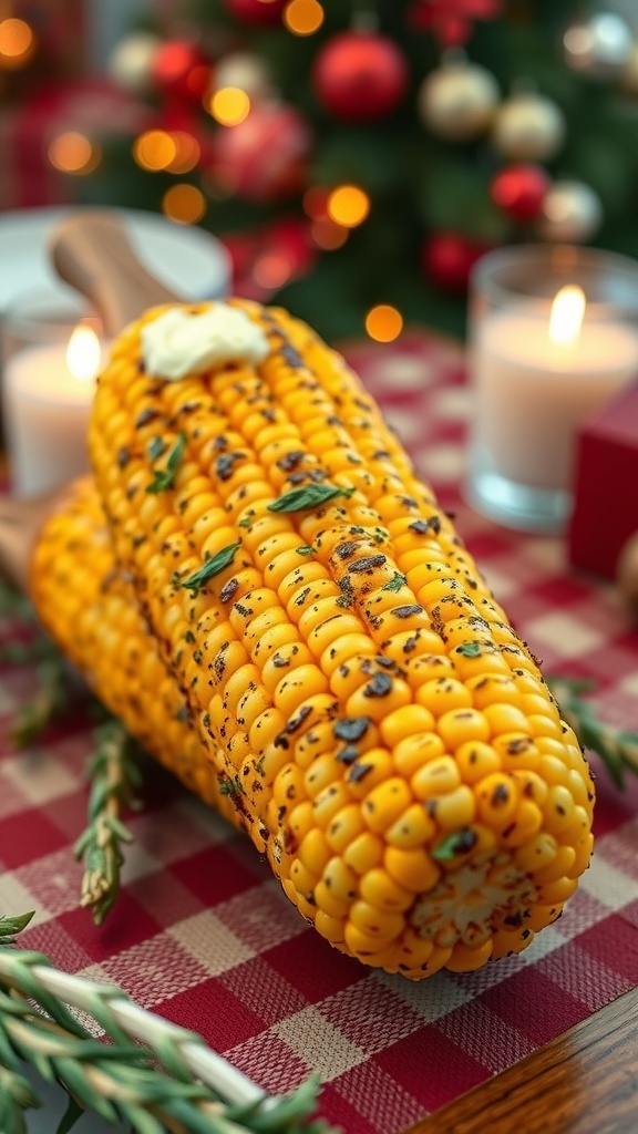 Grilled corn on the cob with butter and herbs on a festive table