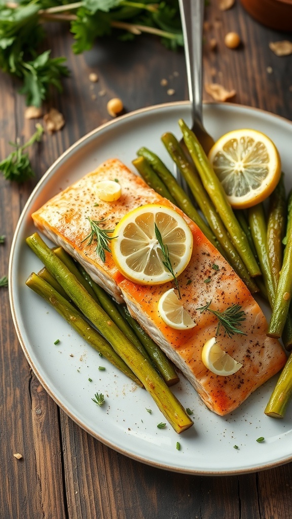 A plate of lemon garlic salmon with green beans, garnished with lemon slices and herbs.