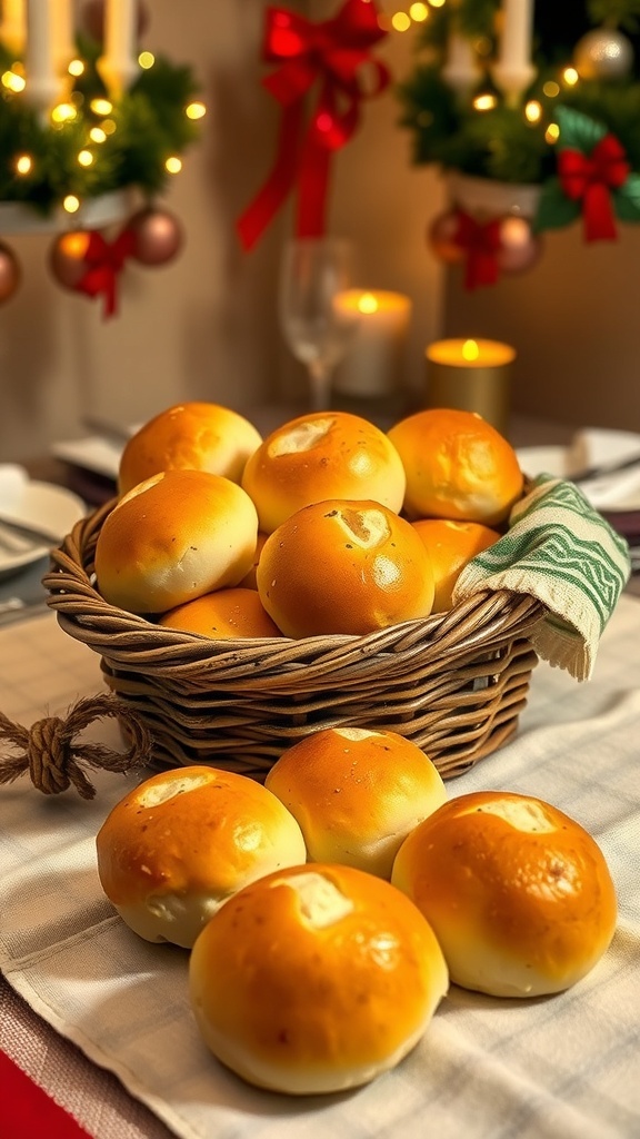 A basket of golden, soft herb butter dinner rolls on a festive table